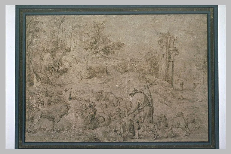 Un berger conduisant un troupeau de moutons, dans un paysage avec des ruines