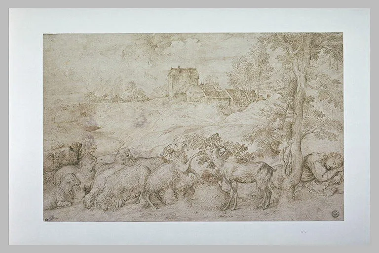 Paysage avec un berger endormi près de son troupeau, avec un village au loin