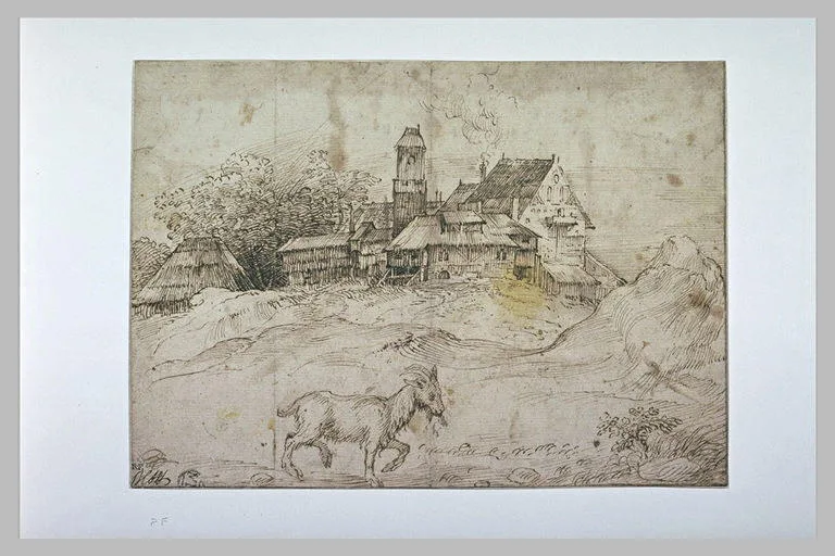 Paysage avec des bâtiments de ferme et une chèvre