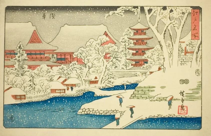 The Temple and Pond in Falling Snow