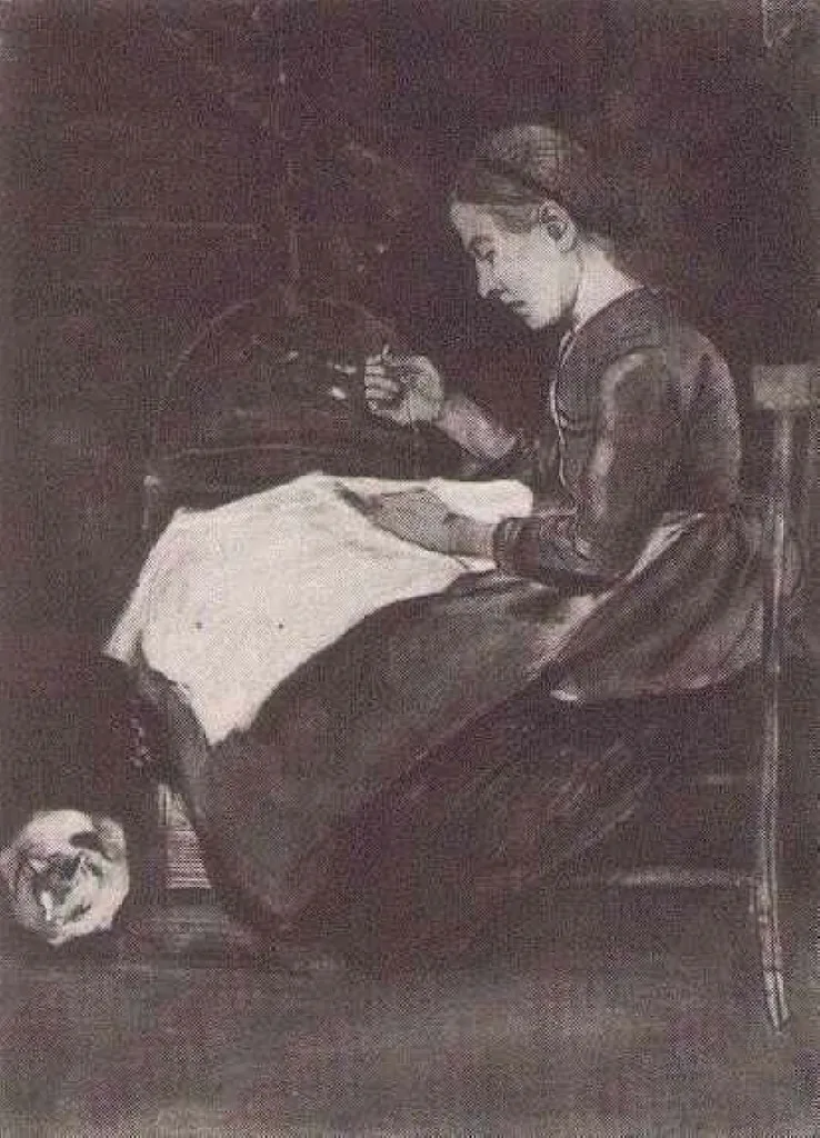A young woman sewing, with white cat