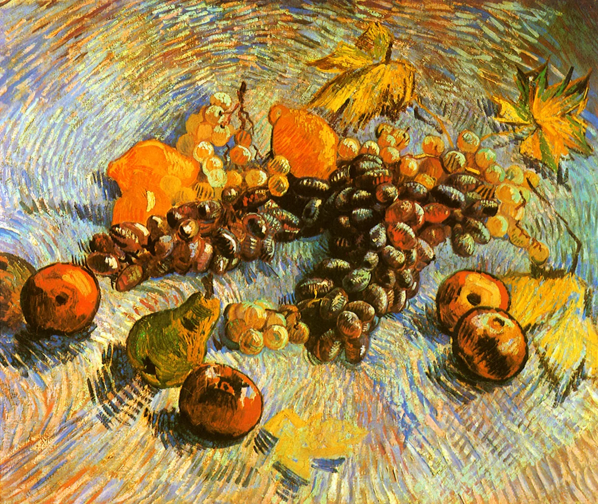 Still life: apples, grapes and pears