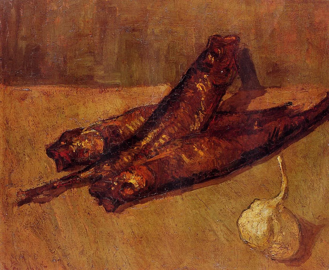 Still life: herrings with a garlic
