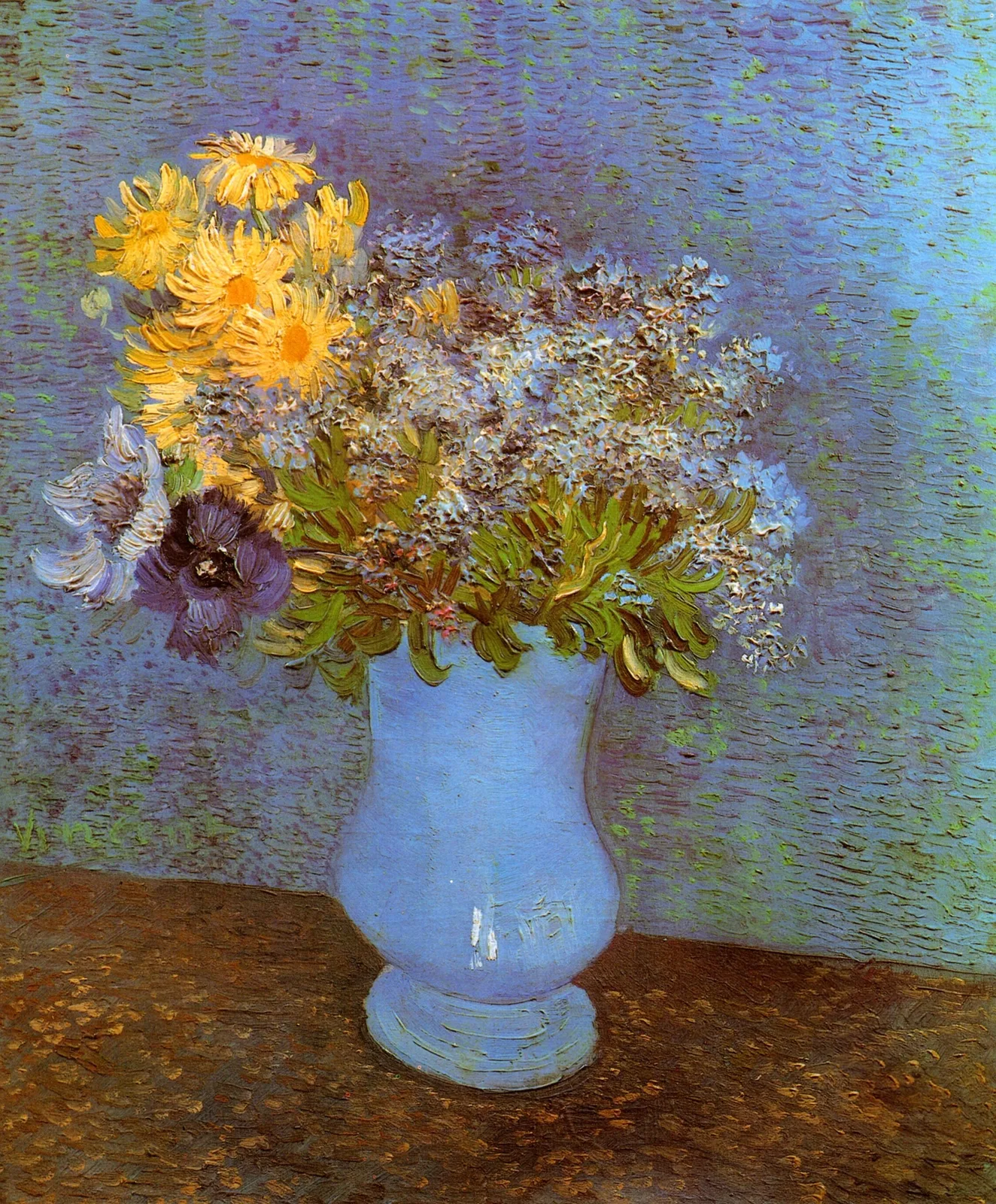 Still life: vase with lilacs, daisies and anemones
