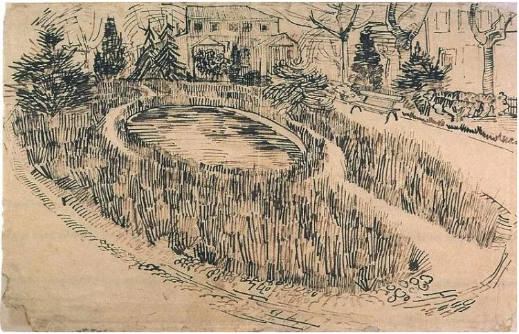 The pond in the park, the yellow house in the background