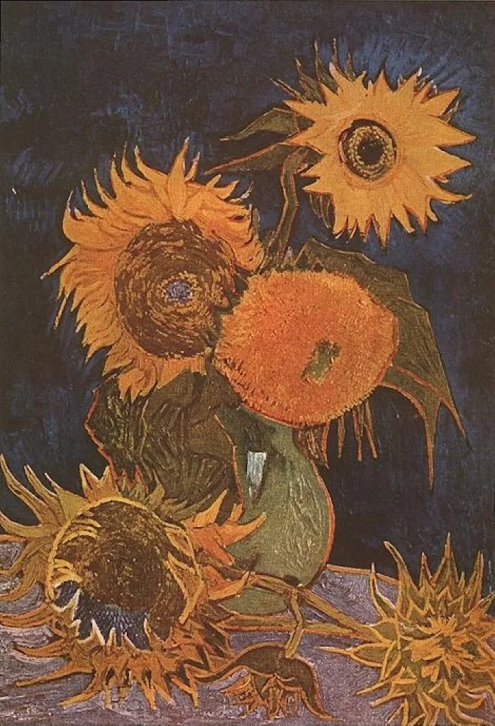 Still life: vase with five sunflowers