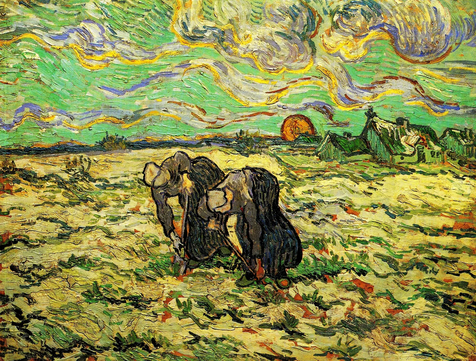 Women digging in field with snow
