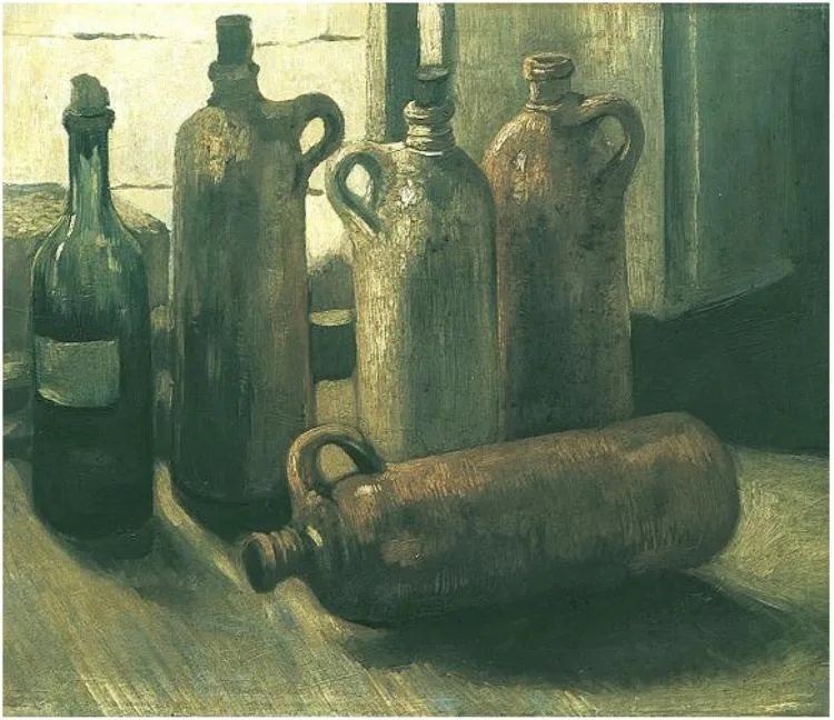 Still life with five bottles