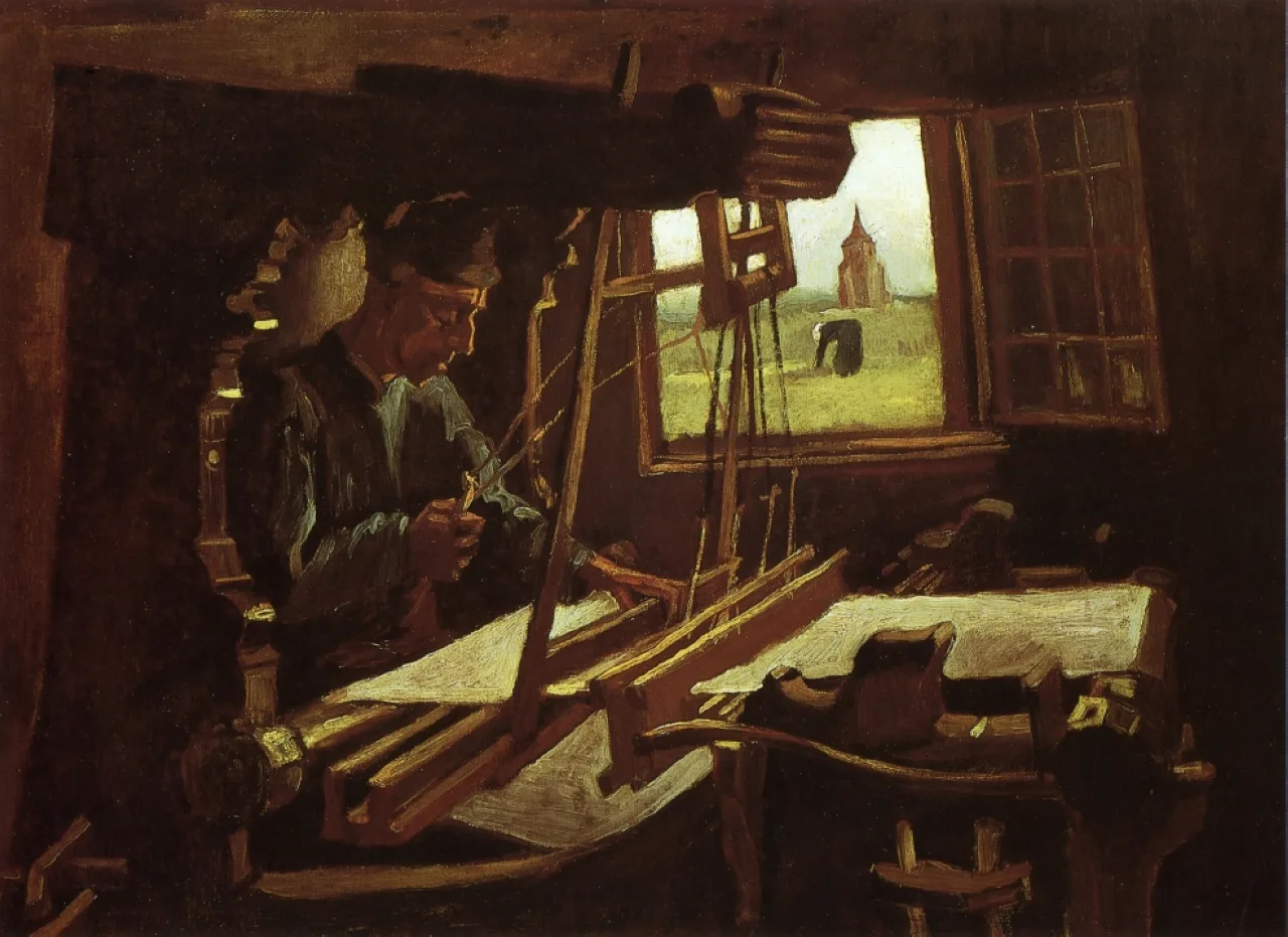 Weaver with a view of the Nuenen tower through a window: part of the loom, facing right