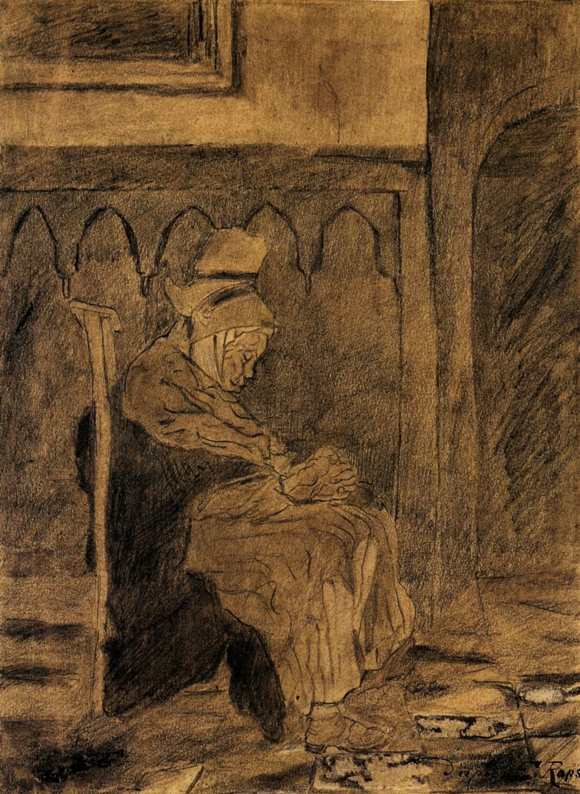 Old Breton woman, asleep in church [after F. Rops' 'En attendant la Confession' in the periodical 'Uylenspieghel' March 29, ]