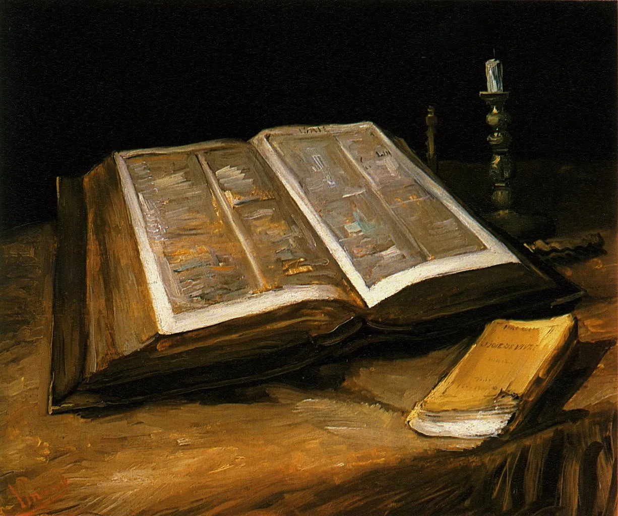 Still life with open bible, extinguished candle and Zola's Joie de Vivre
