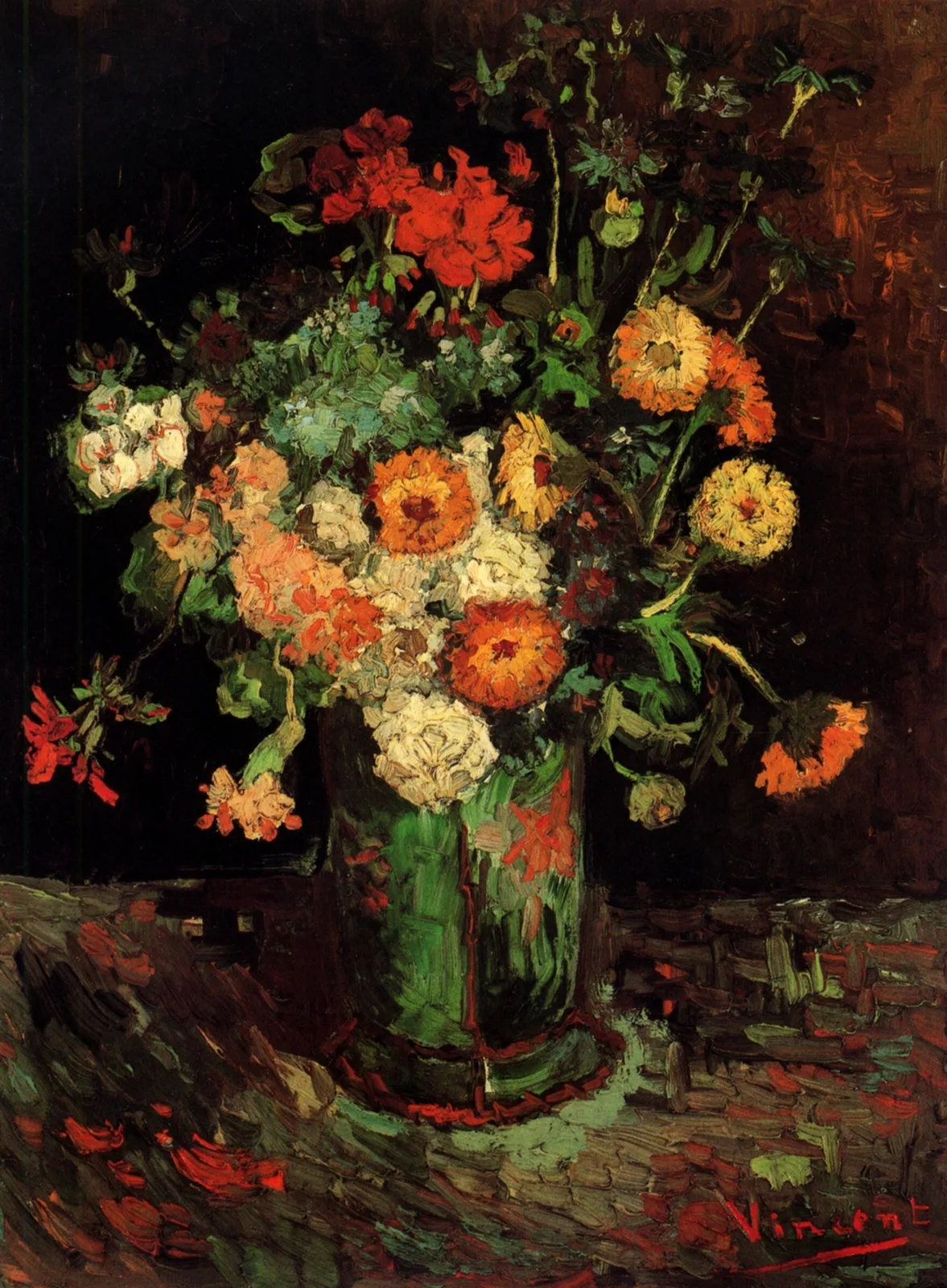 Still life: vase with zinnias and geraniums