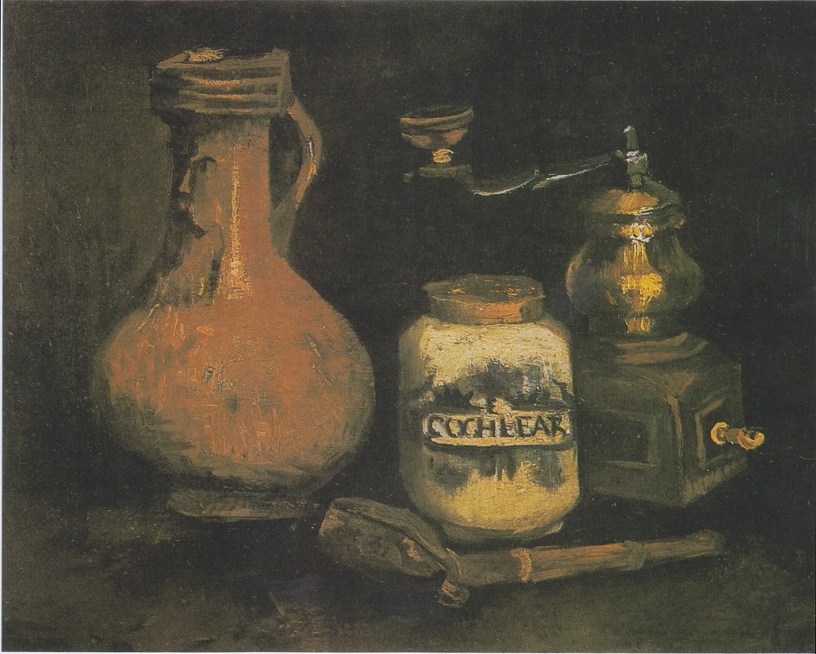 Still life with coffee mill, pipe case and jug
