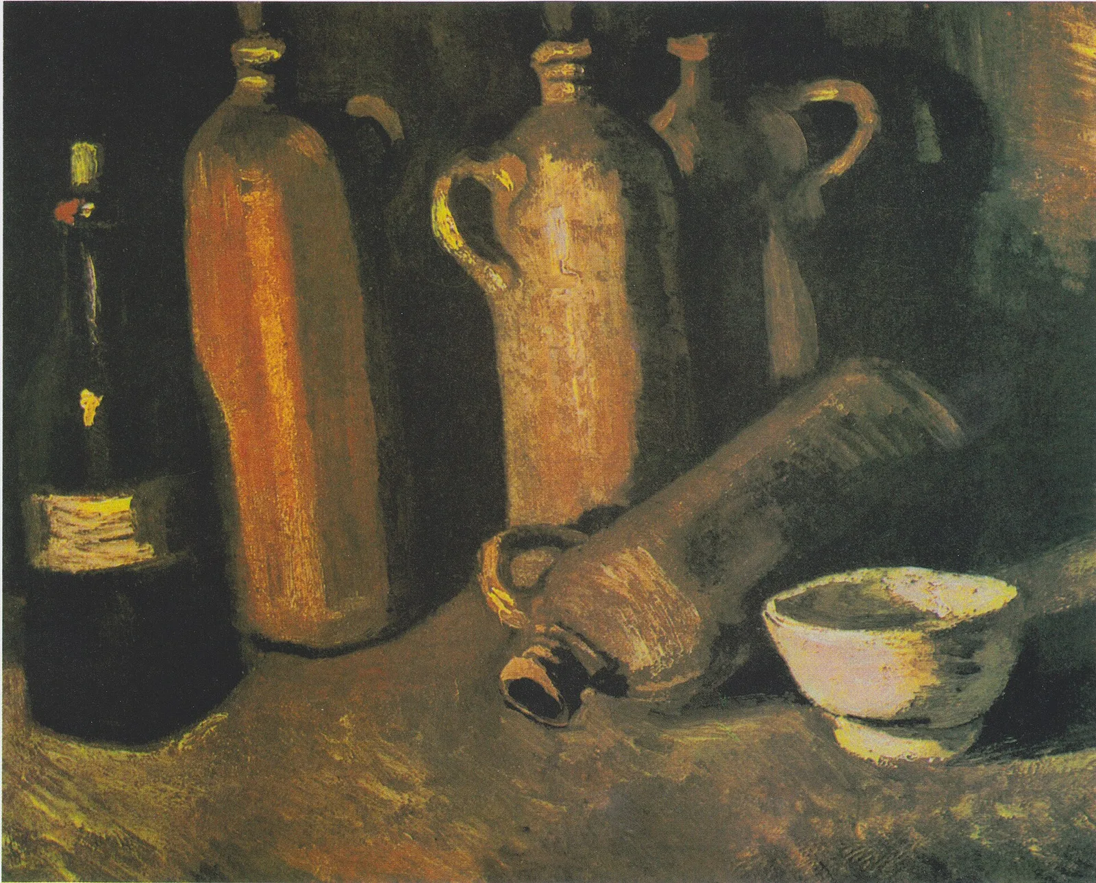 Still life with five bottles and cup