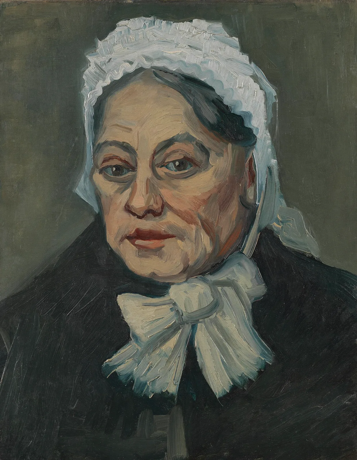 The midwife: head with white bonnet