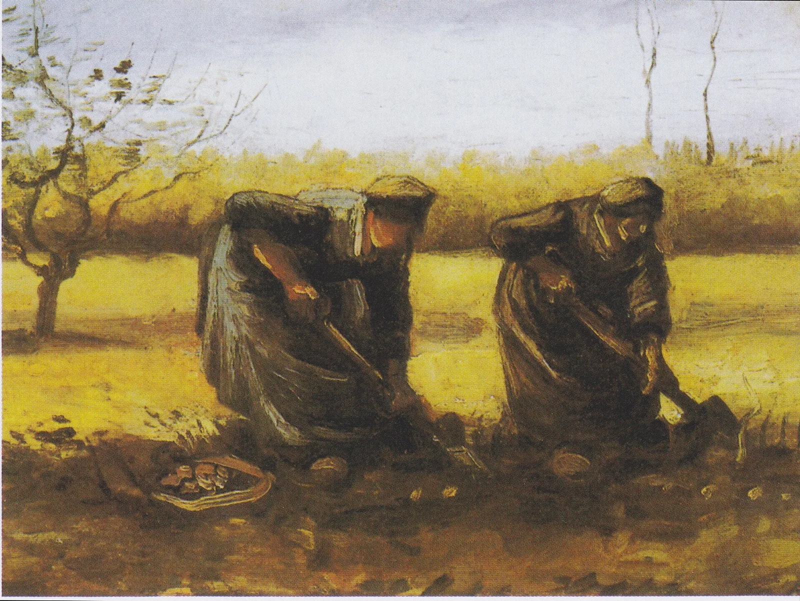 Two peasant women digging potatoes, facing right