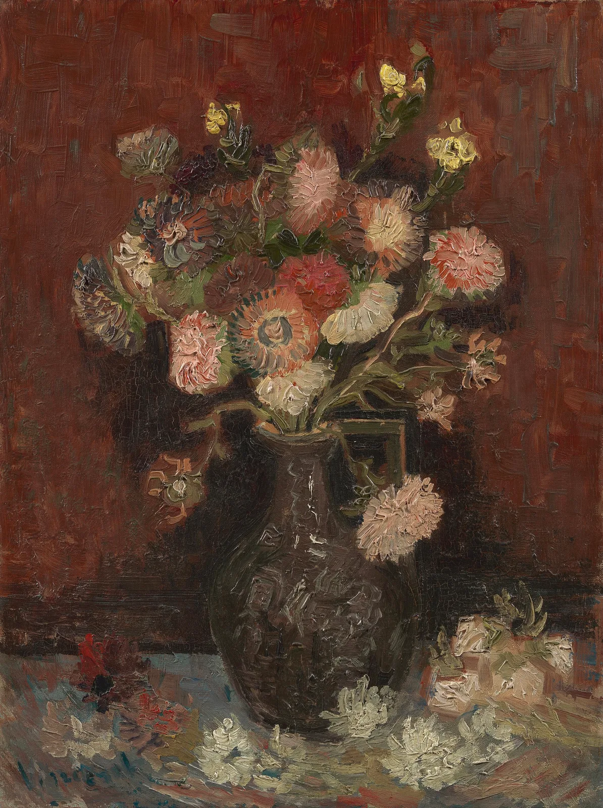 Still life: one-eared vase with asters and phlox