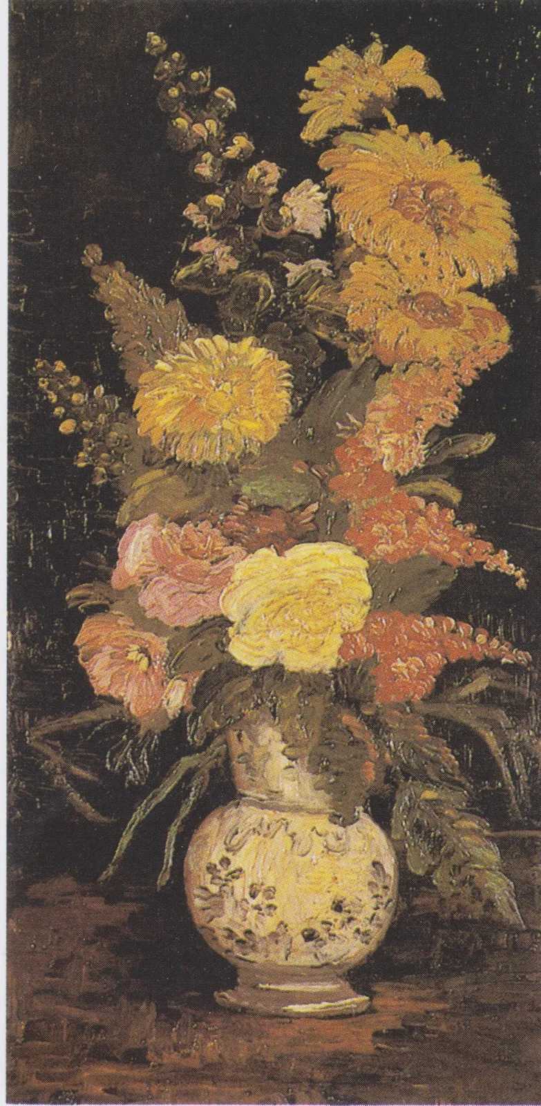 Still life: vase with delphinium, aster, salvia and spiraea