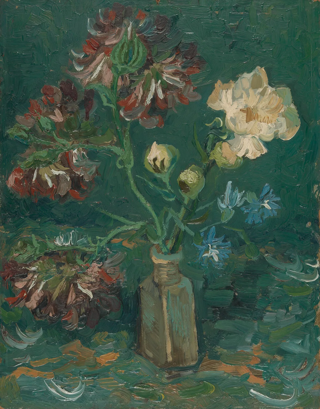 Still life: vase with myosotis and peonies