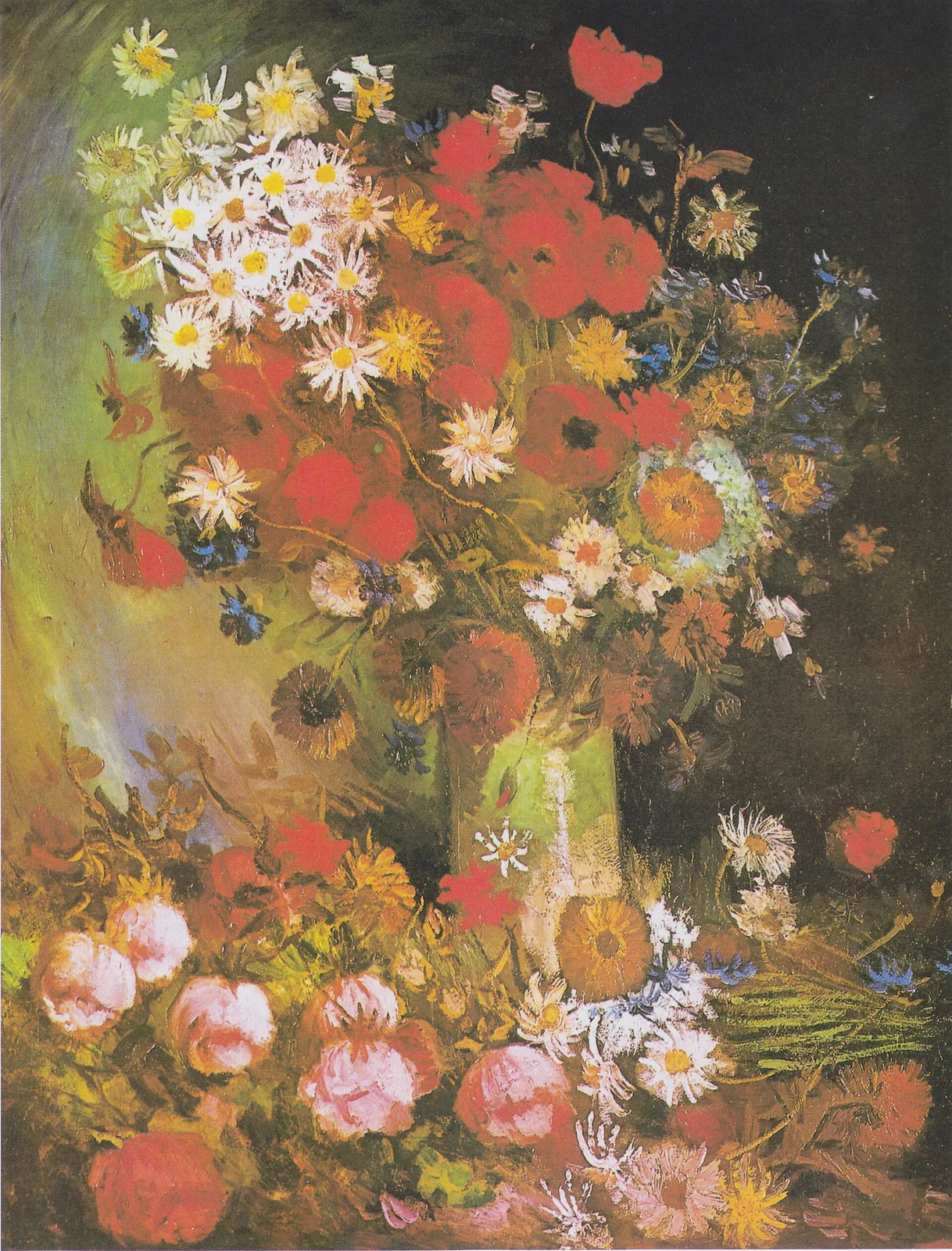 Still life: vase with daisies and dahlias