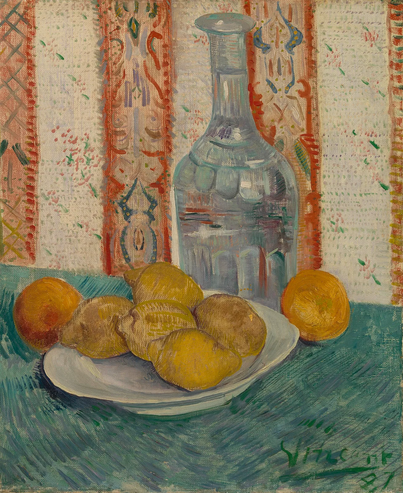 Still life: decanter and lemons on a plate