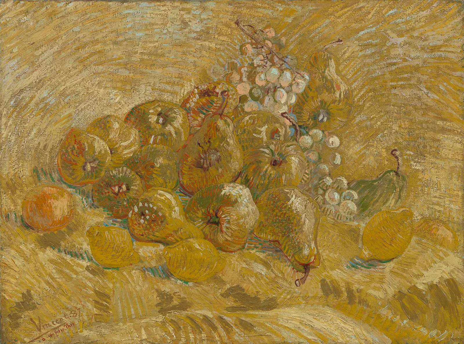 Still life: lemons, pears and grapes