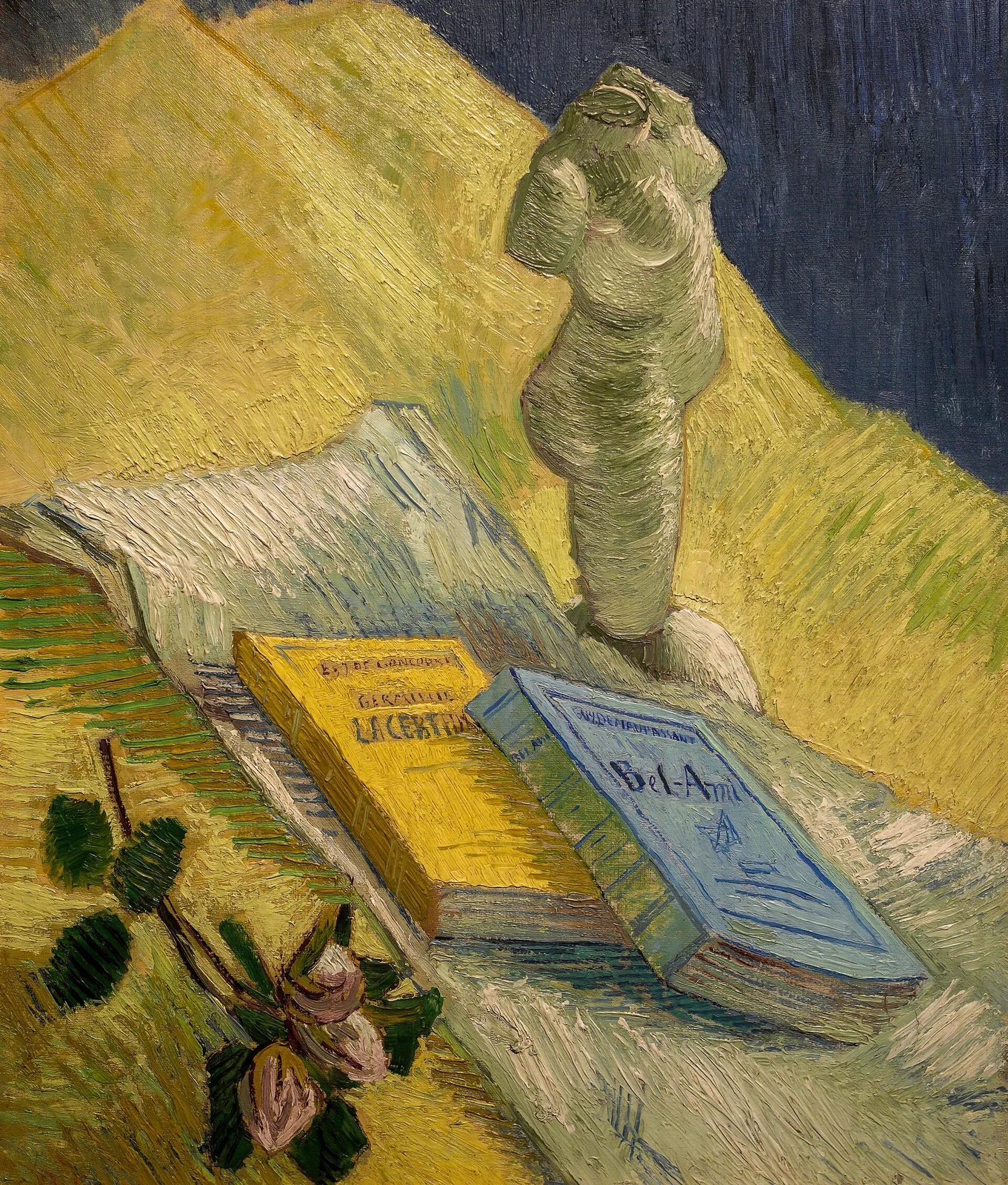 Still life: plaster statuette and books [G. de Maupassant, Bel Ami; Jules and Edmond Goncourt, Germinie Lacerteux]