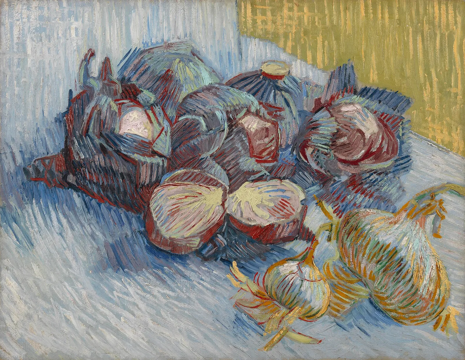 Still life: red cabbages and onions