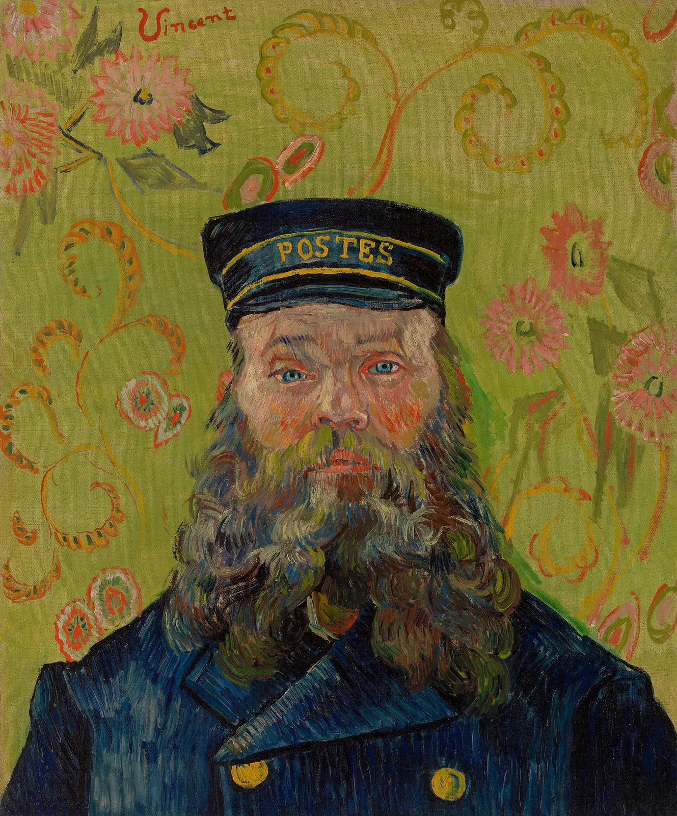 Head of the postman Joseph Roulin against a flowery background