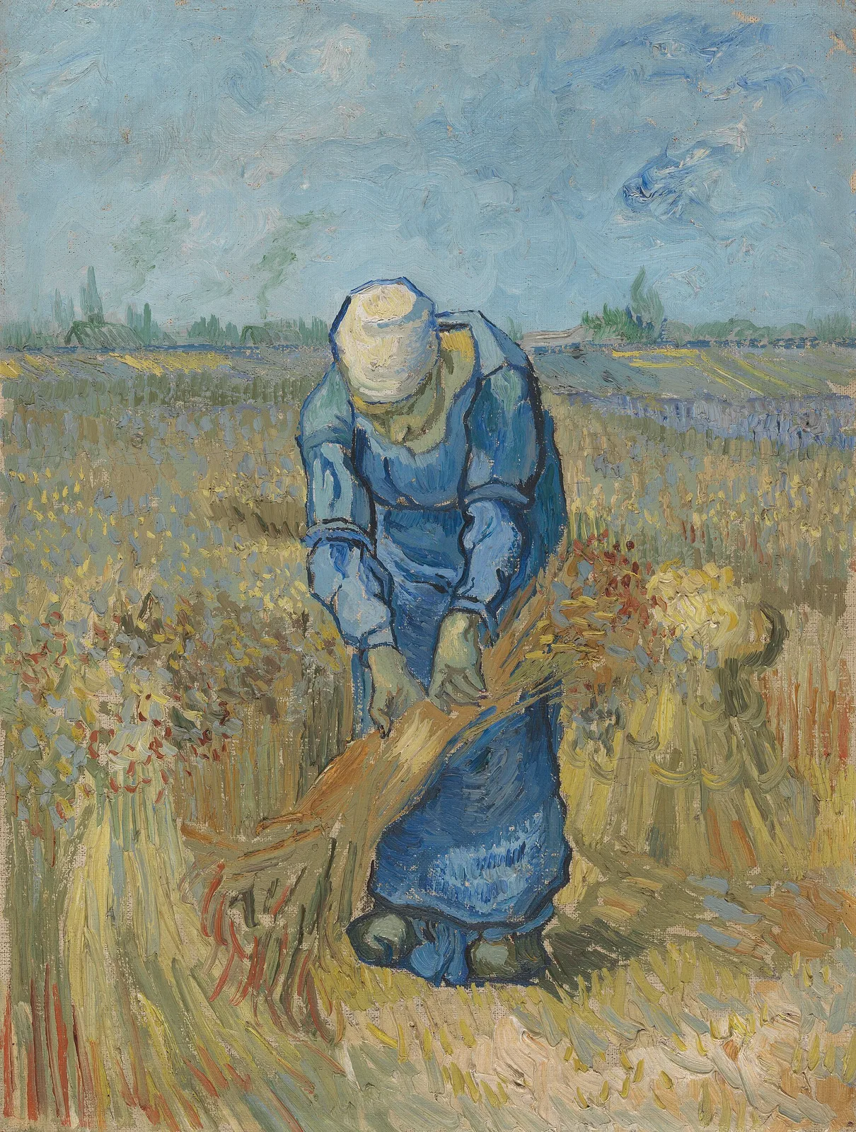 Peasant woman binding wheat in sheaves [after Millet]