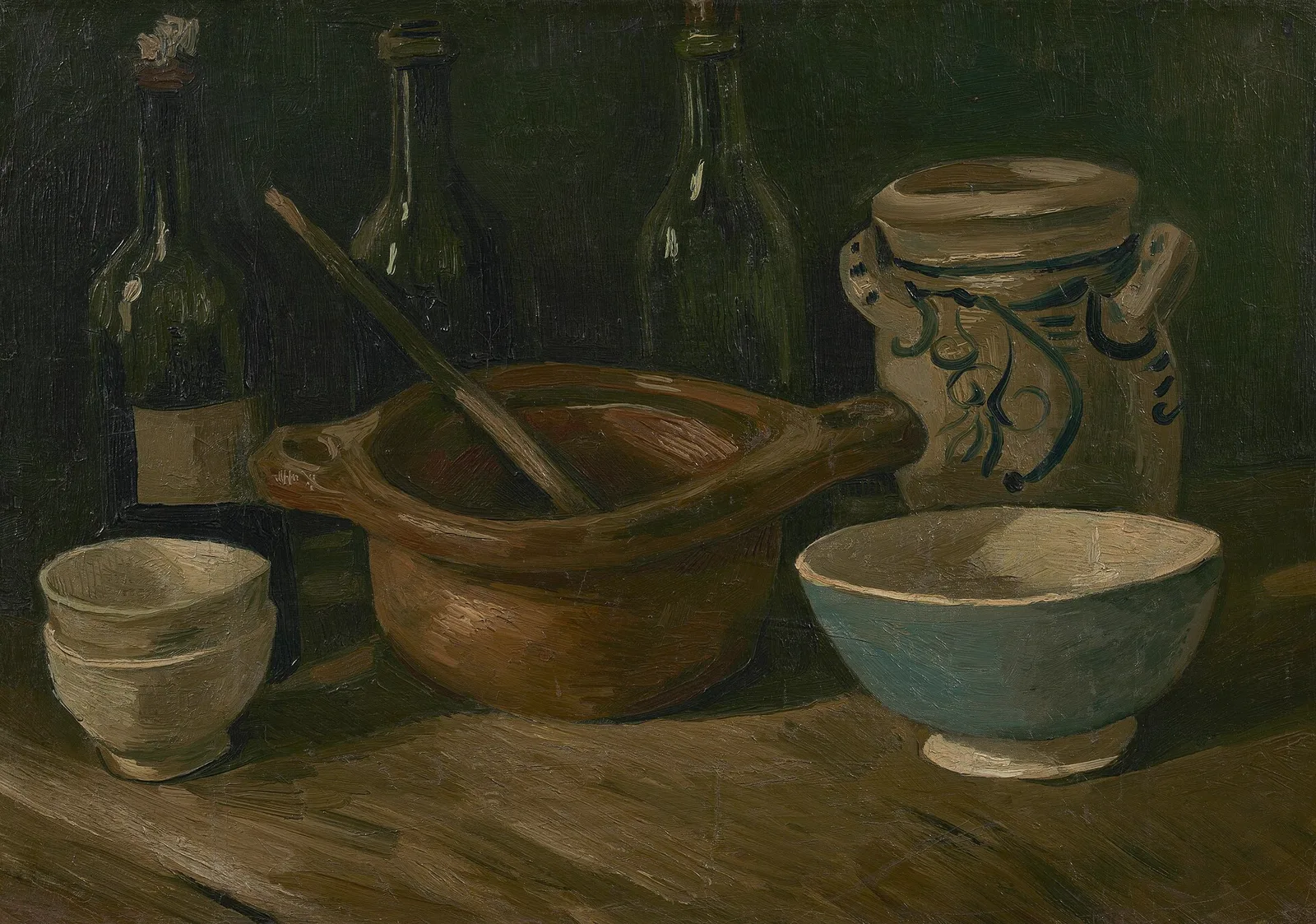 Still life with cups, bowls and three bottles