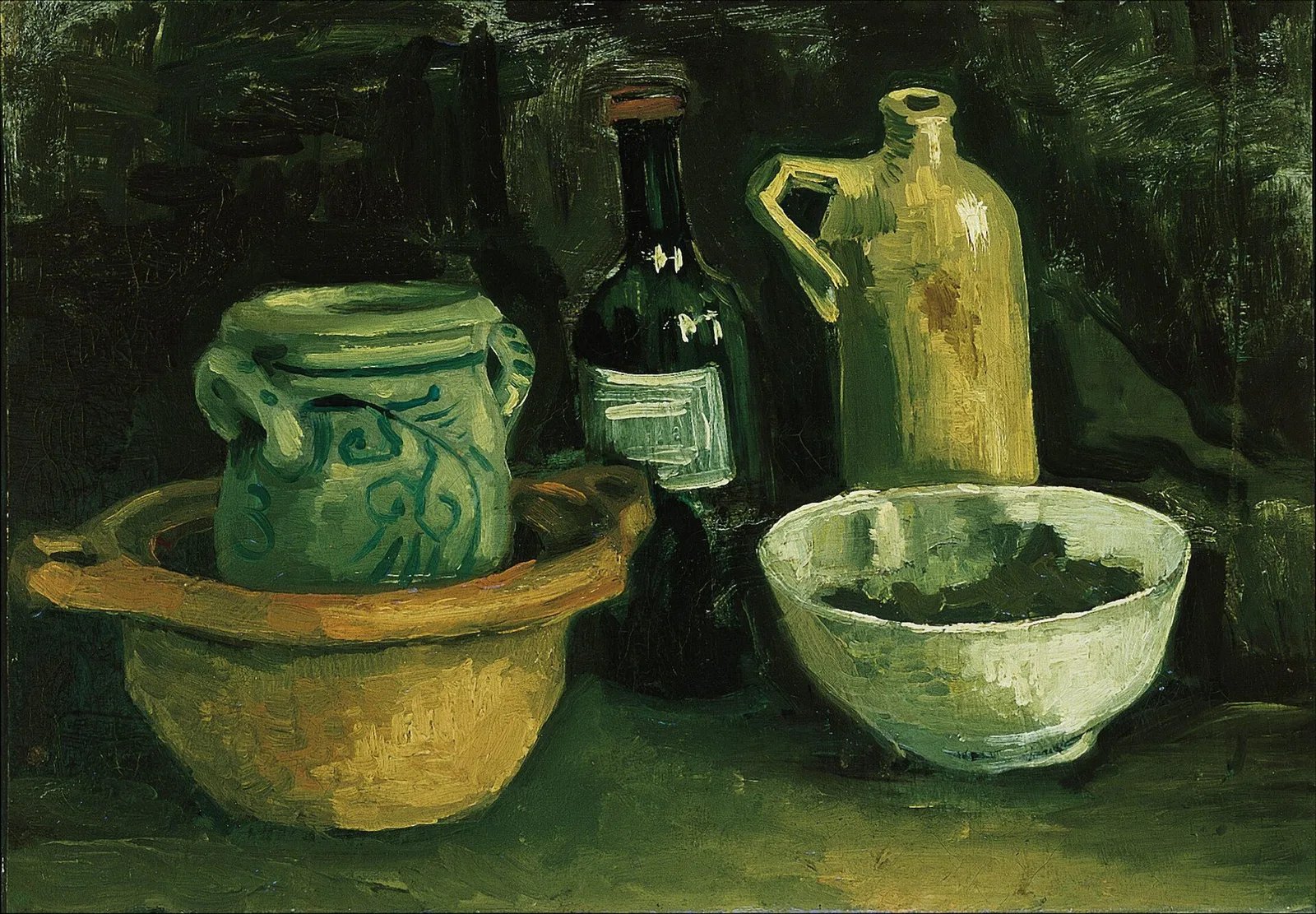 Still life with pottery and two bottles