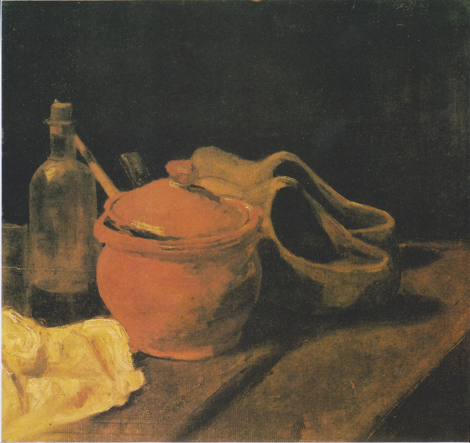 Still life with bottle, clogs and pot with brushes