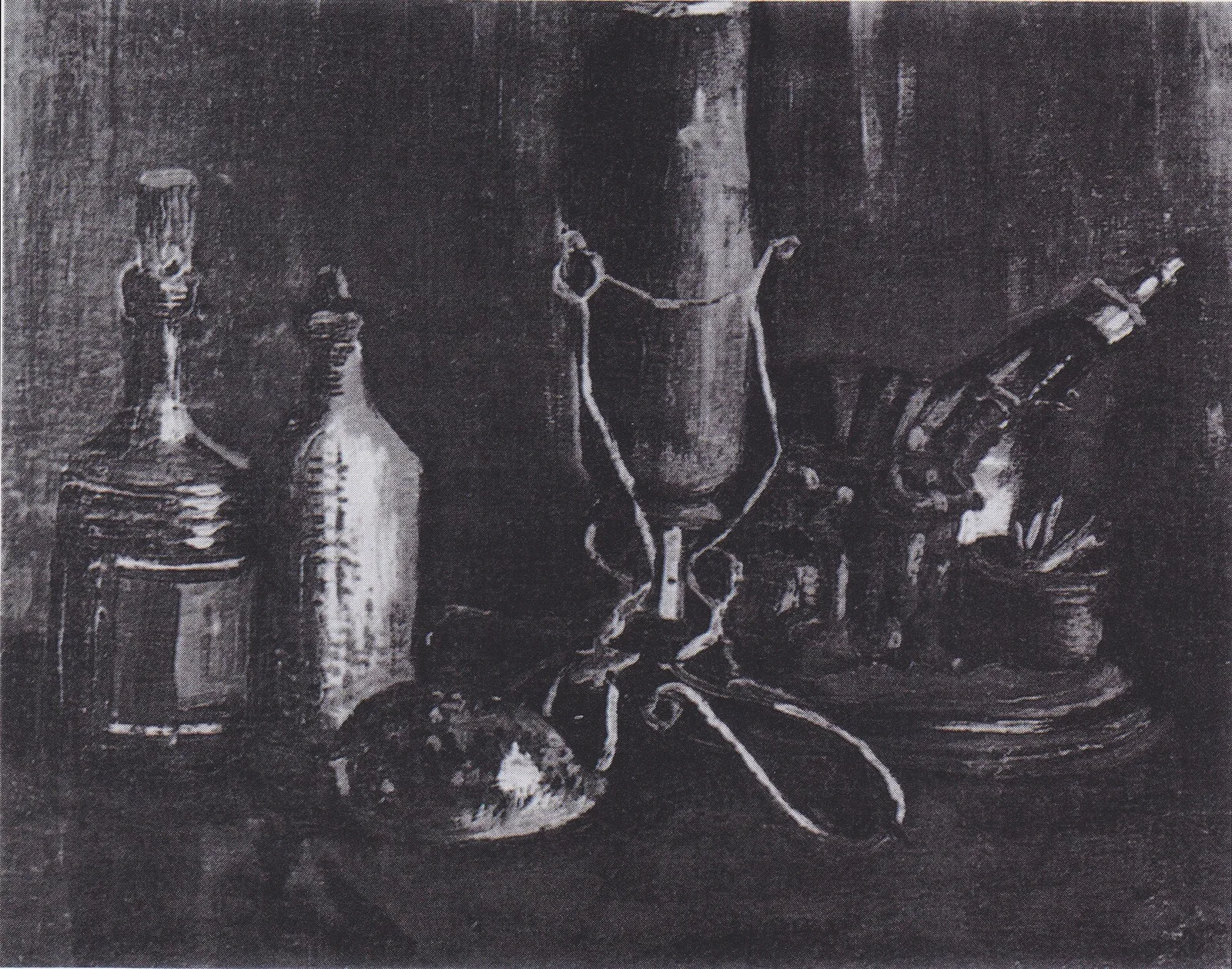 Still life with mantelpiece ornament, cowrie shell, ink bottles and smoking set
