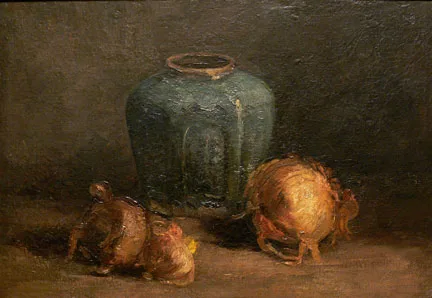 Still life: ginger pot and onions