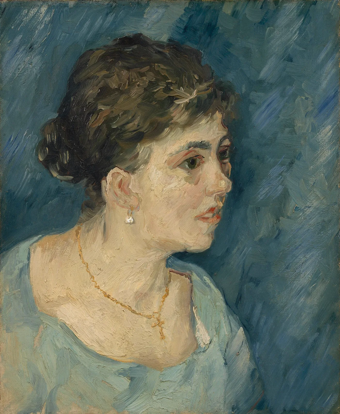 Portrait of a woman in blue: three quarters to the right