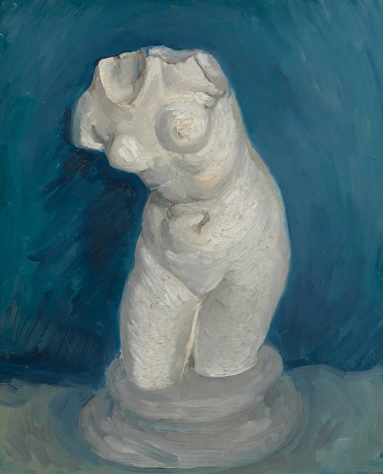 Plaster statuette: female torso on pedestal, seen from the front