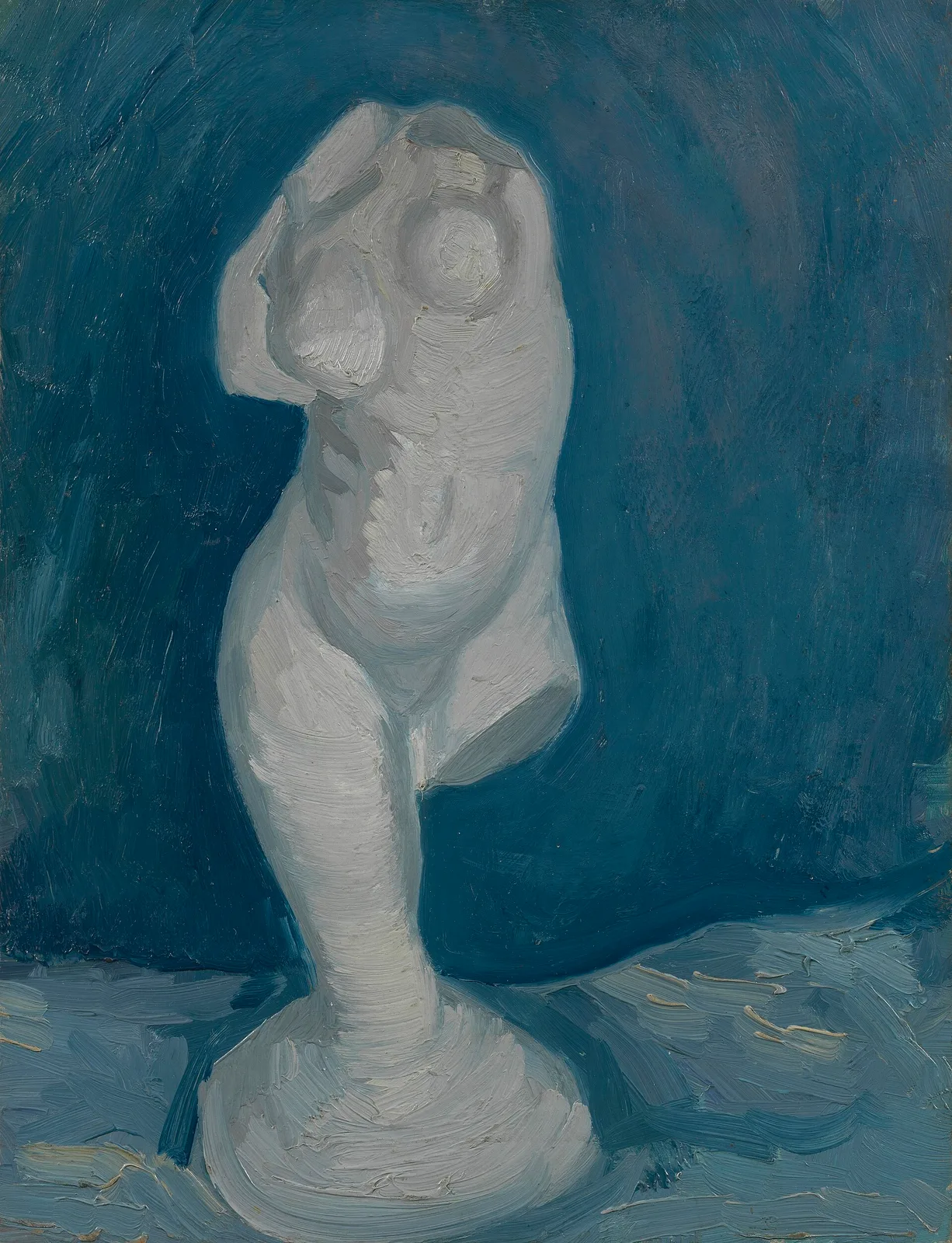 Plaster statuette: female torso, with one leg, seen from the front