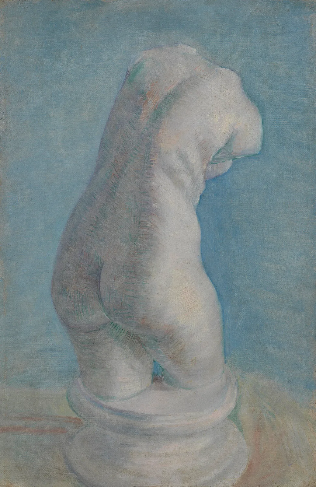 Plaster statuette: female torso on pedestal, seen from the back