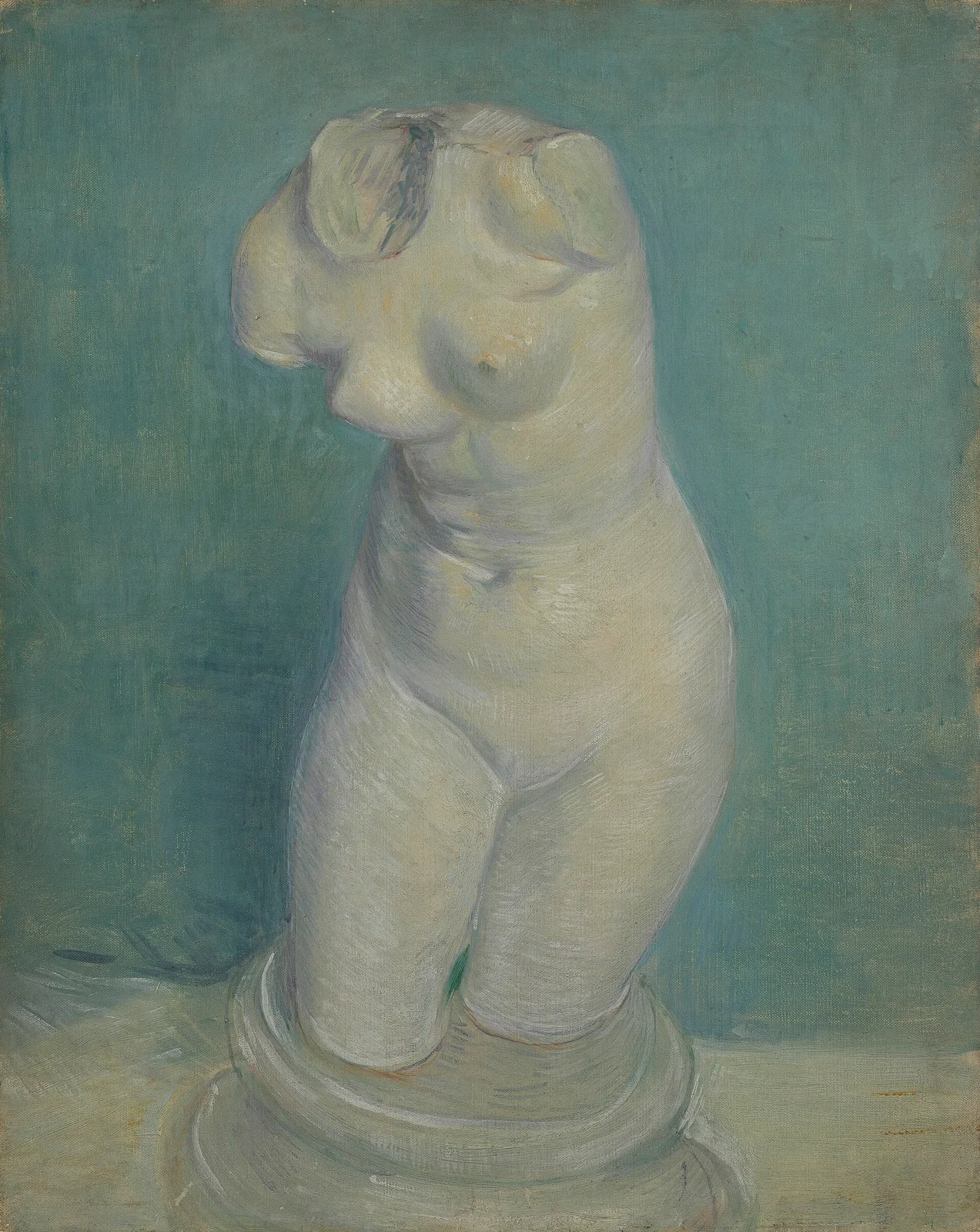 Plaster statuette: female torso on pedestal, seen from the front