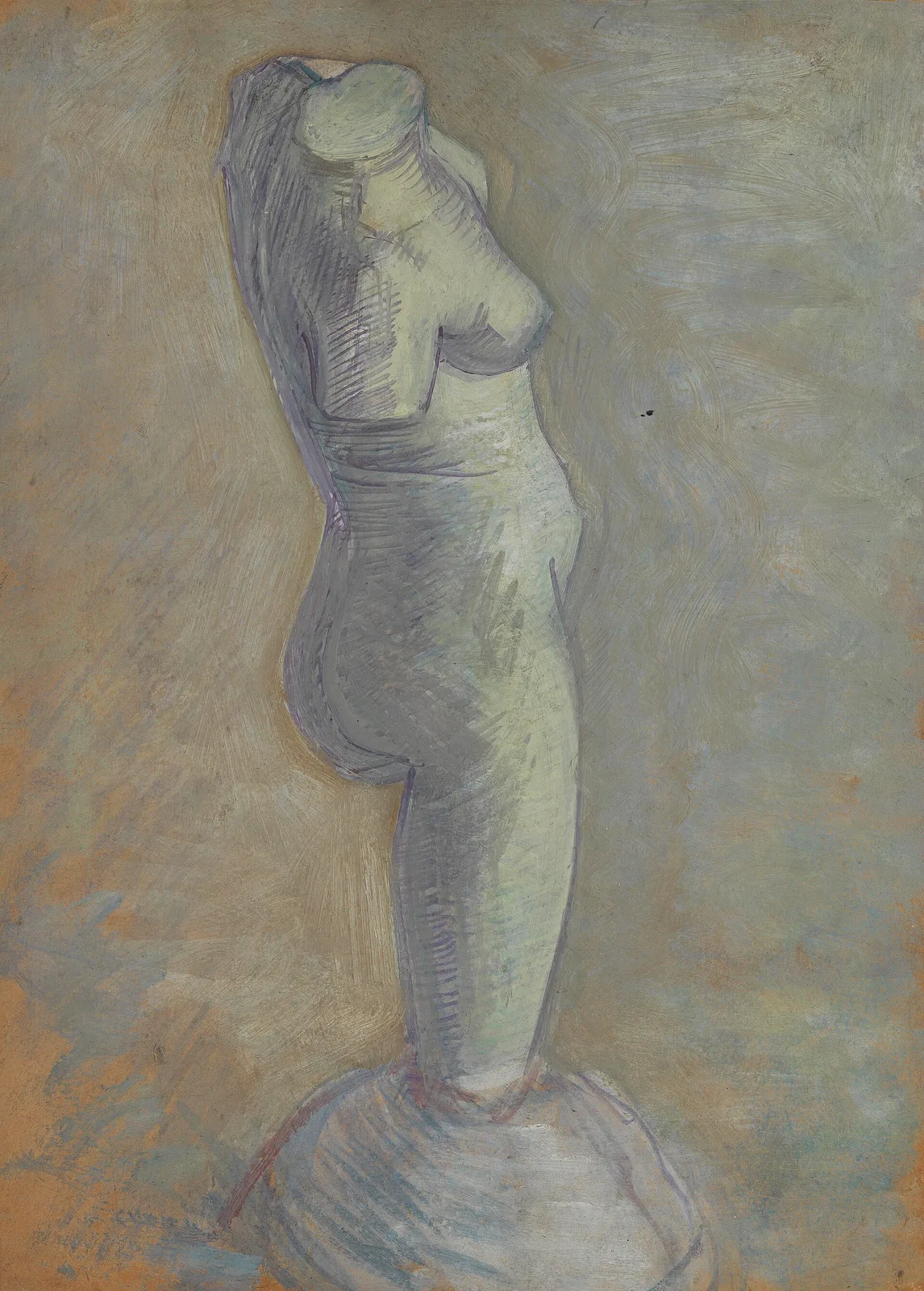 Plaster statuette: female torso with one leg, seen from the side