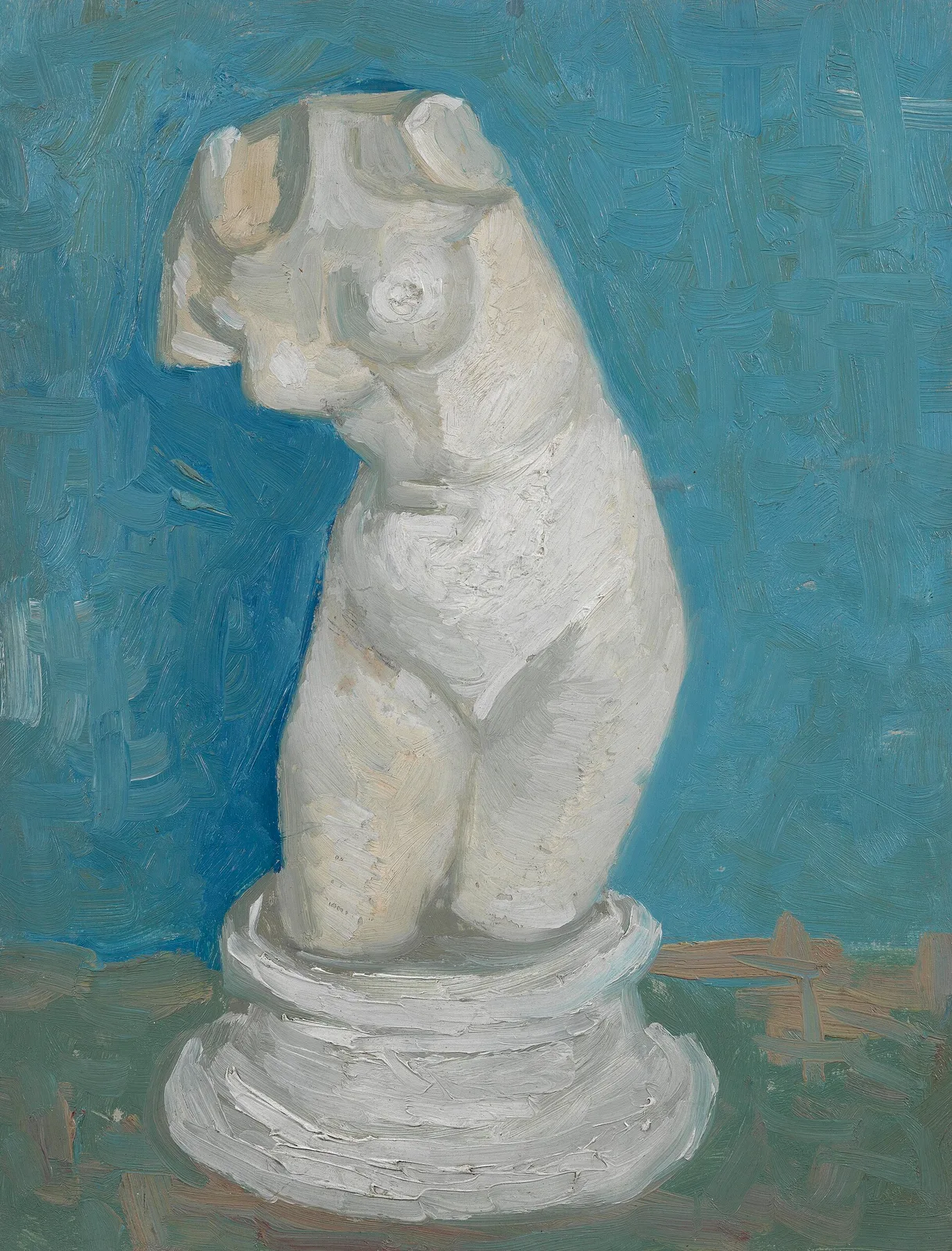 Plaster statuette: female torso on pedestal, seen from the front