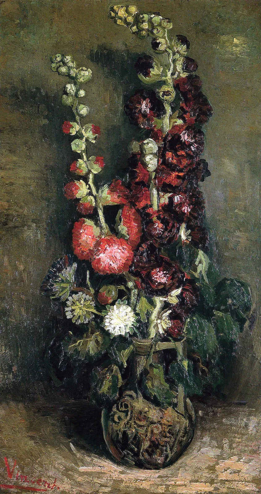 Still life: one-eared vase with hollyhocks