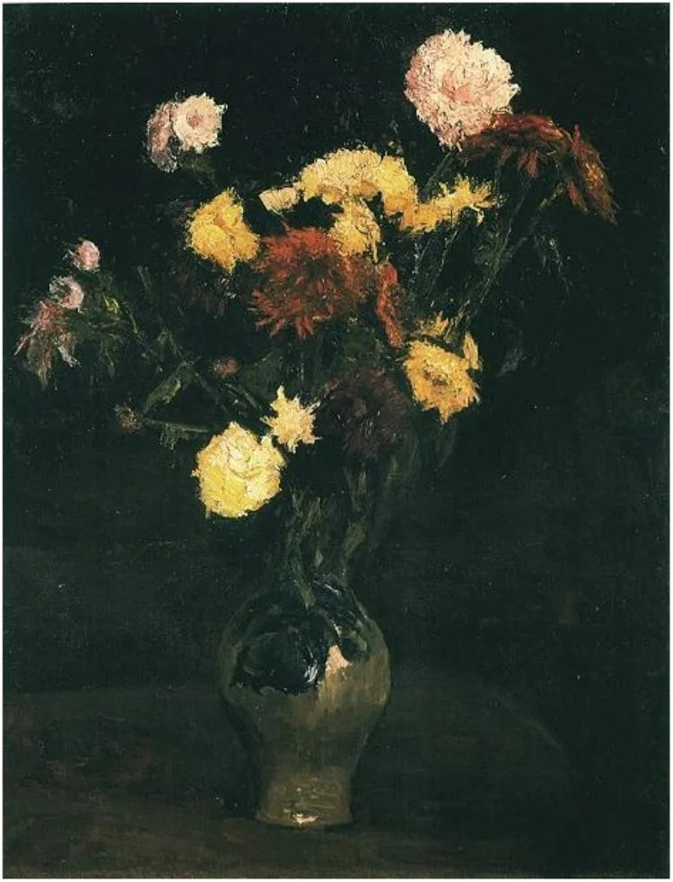 Still life: vase with carnations and zinnias