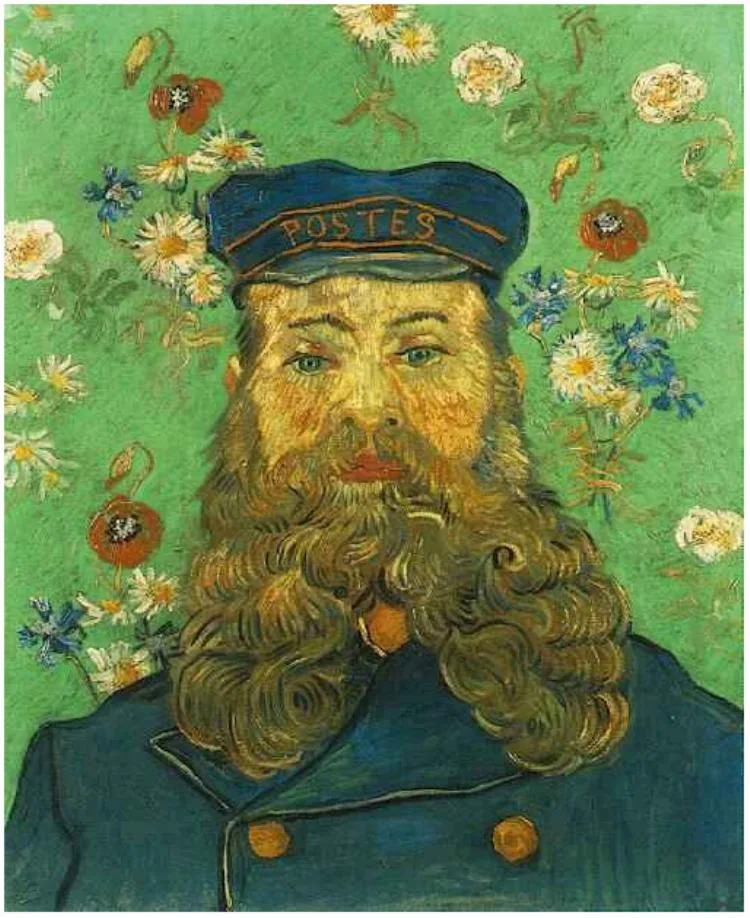 Head of the postman Joseph Roulin against a flowery background