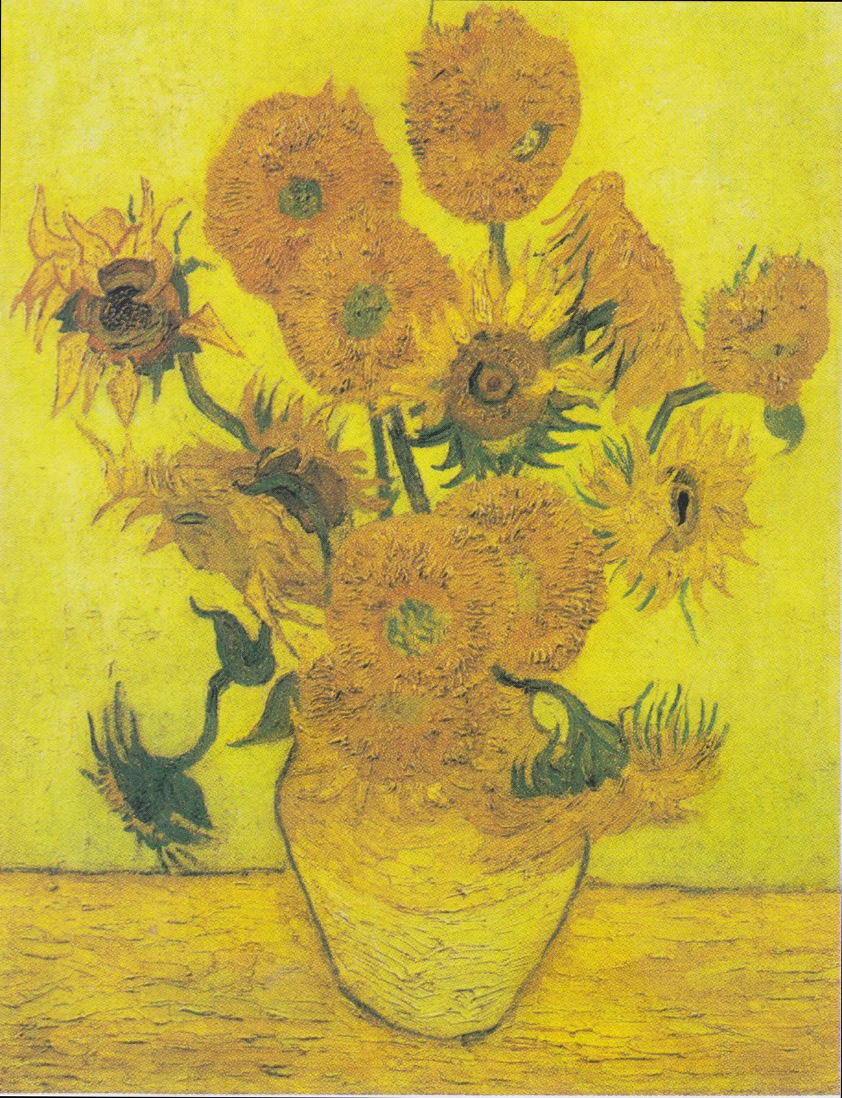 Still life: vase with fourteen sunflowers