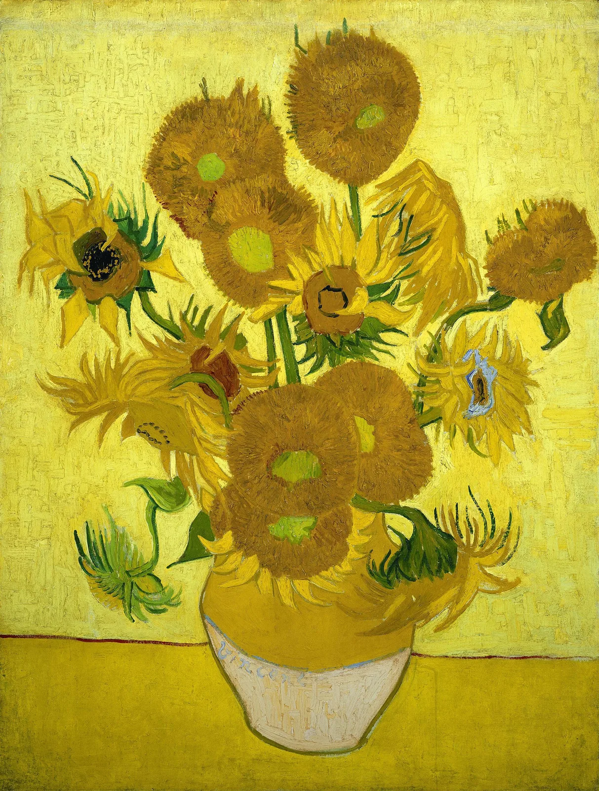Still life: vase with fourteen sunflowers