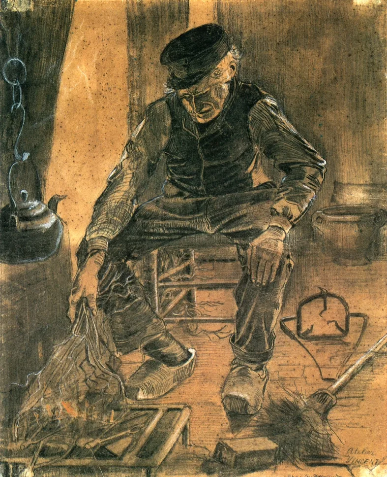 Old peasant by the fireplace