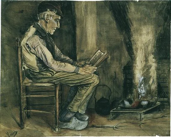 Peasant reading by the fireplace