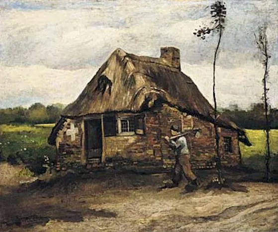 Cottage with peasant going home